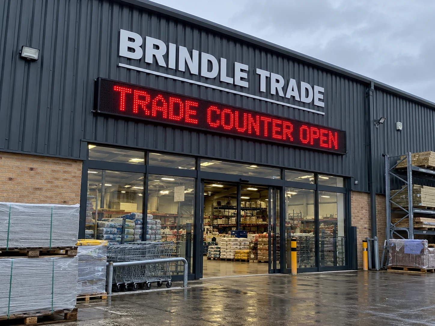 Lion Sign – Rote LED-Anzeige „Trade Counter Open“ für Gewerbe- und Handelsbetriebe.