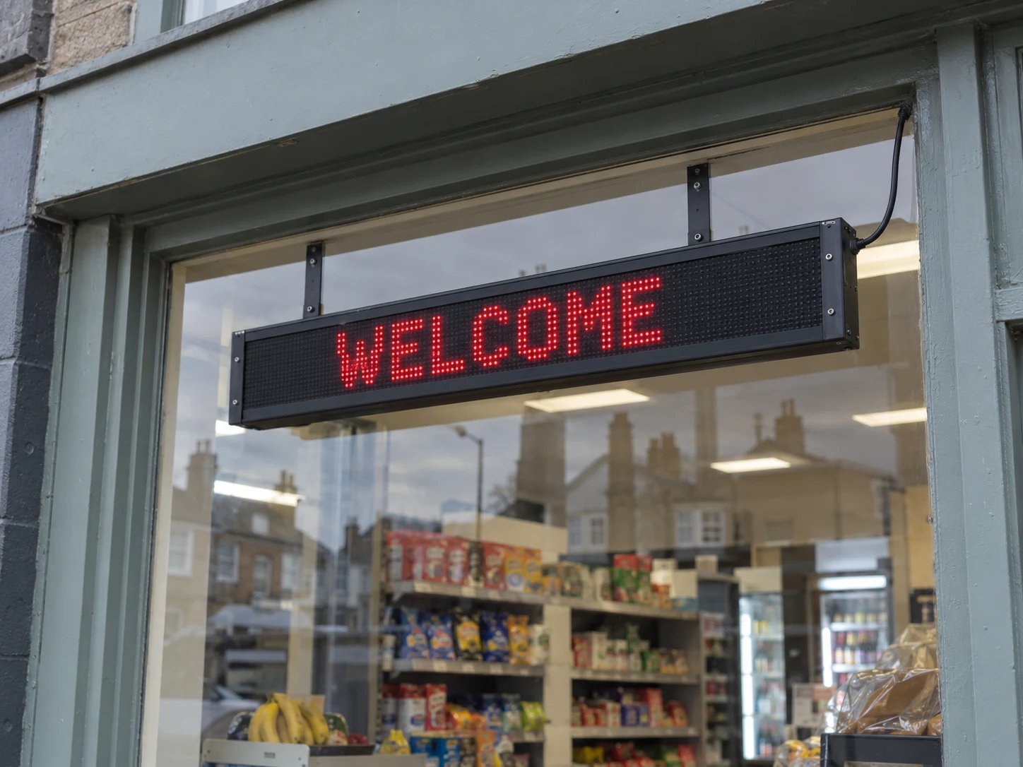 Lion Sign – Rote LED-Punktmatrix-Willkommensanzeige für Schaufenster und Empfangsbereiche.