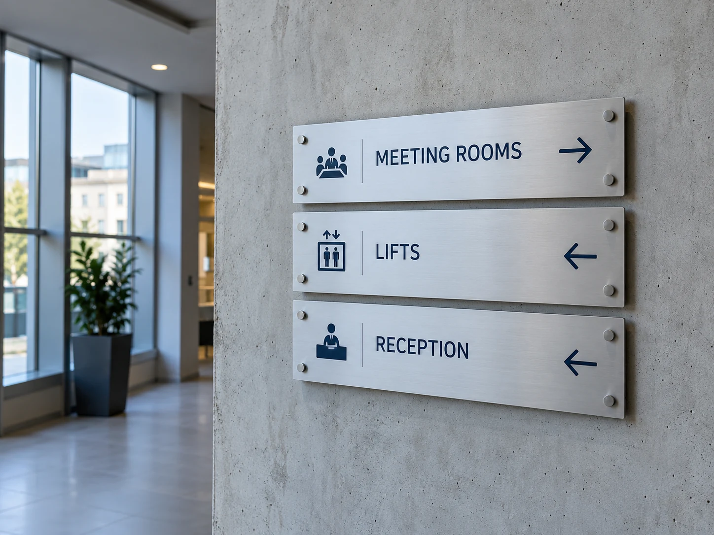 Lion Sign – Modulare Richtungsbeschilderung aus satiniertem Aluminium für Hotelflure, Aufzüge und Besprechungsräume.
