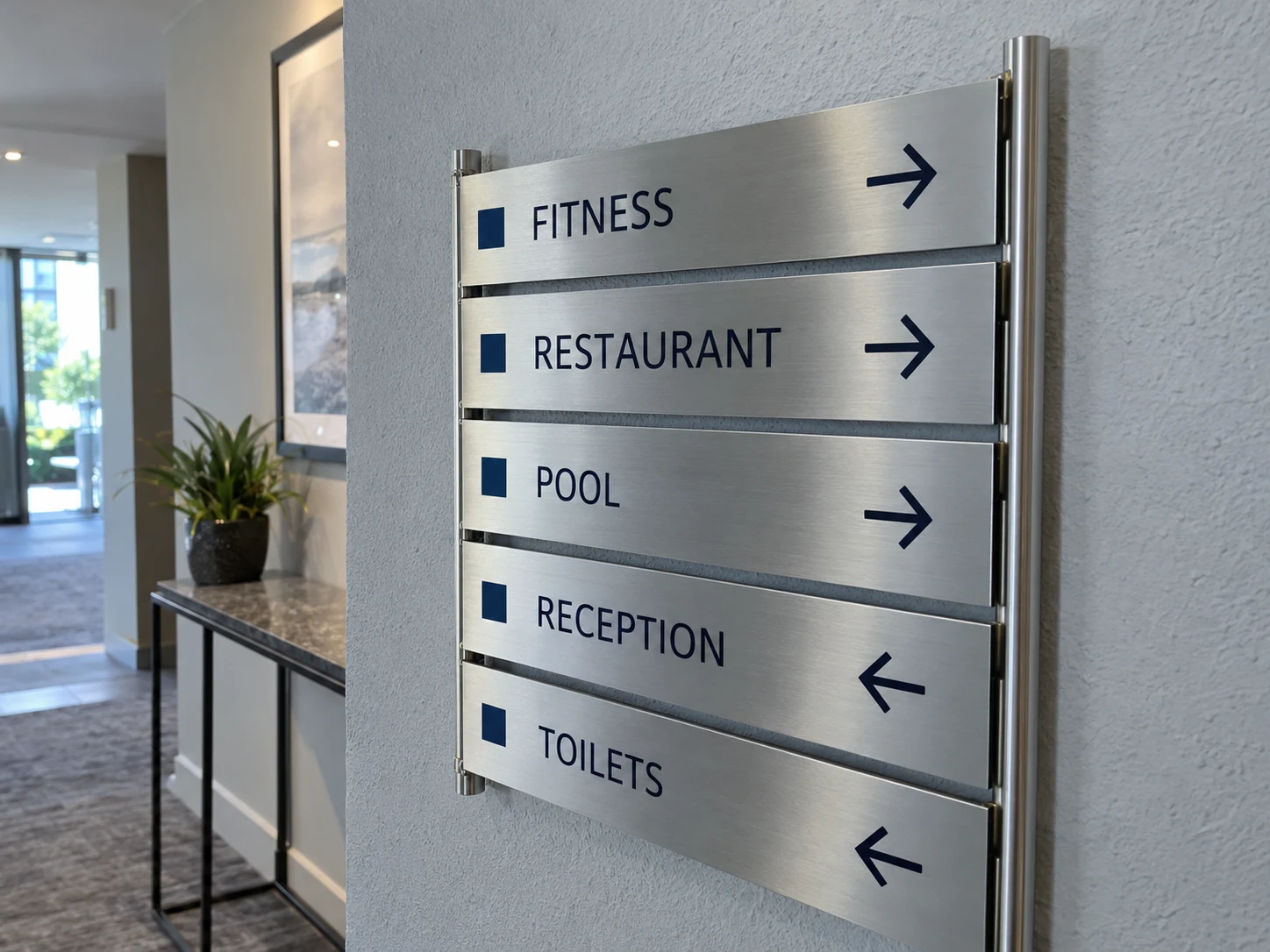 Lion Sign – Hotel-Leitschilder aus gebürstetem Metall mit gut lesbaren Richtungspfeilen.